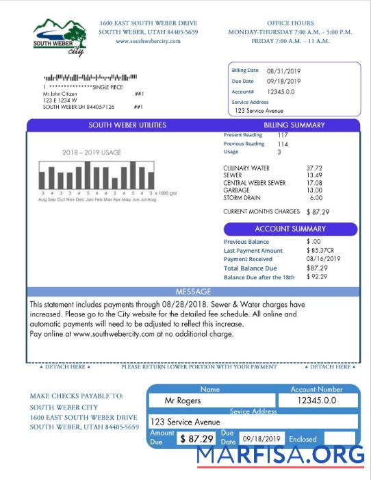 Downloadable USA South Weber City Utah water utility bill template in Word and PDF format
